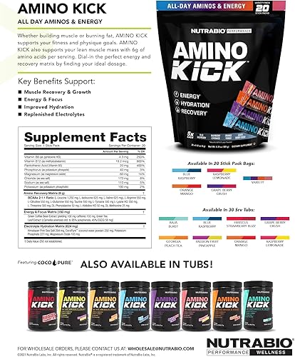 Vista 31 de NutraBio Amino Kick - BCAA en polvo con cafeína natural - Suplemento de aminoácidos para energía, hidratación y recuperación - BCAA, electrolitos