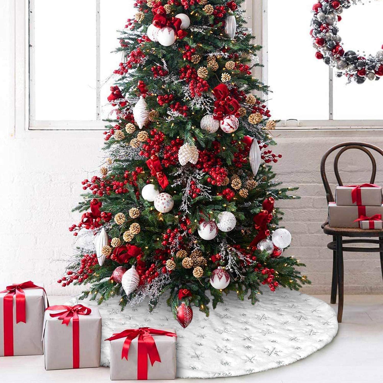Coperta per albero di Natale, in peluche, bianca, rotonda, per albero di Natale, con fiocco di neve, per albero di Natale, vacanze, feste, decorazioni per pavimenti, 150 cm