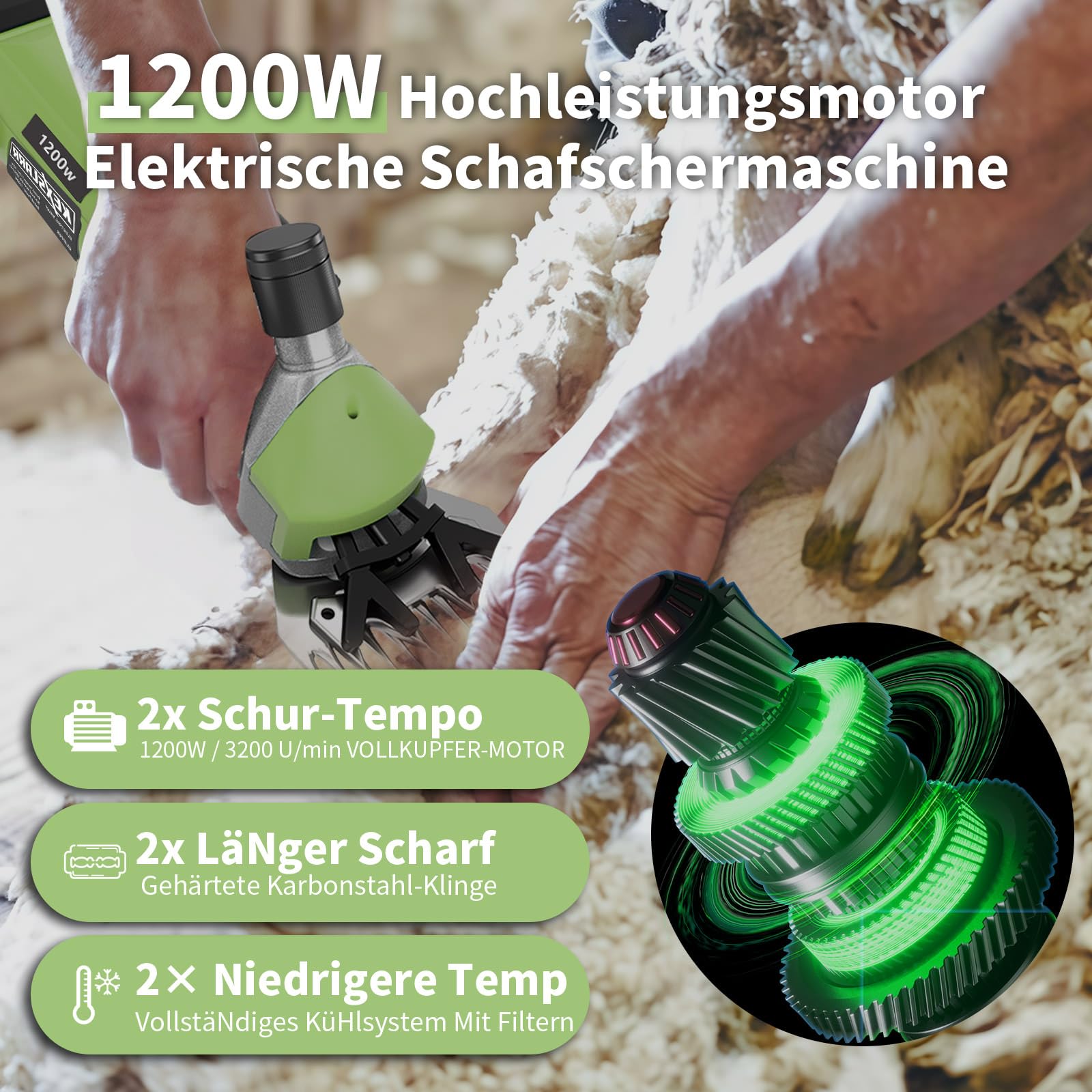 1200 W High Power - Cesoia elettrica per pecore, 6 velocità, 3200 giri/min, con lama a 13 denti, set in valigetta per pecore, alpaca, capre, cavalli (verde)