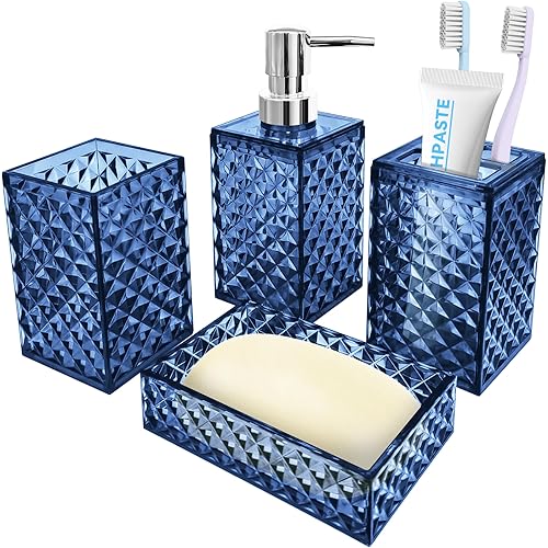 Bathroom Accessory Set, 4 PCS Blue Bathroom Accessories Sets, Soap Dispenser and Toothbrush Holder Set, Soap Dish and Mouthwash Cup, Boho Bathroom Decor, Bathroom Sets Accessories