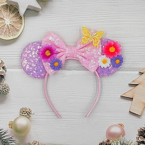 Miniatura 3 de Diademas de orejas de ratón de flores, orejas de lentejuelas con margarita, girasol, mariposa, orejas de ratón, aro de pelo, diadema de cabeza de