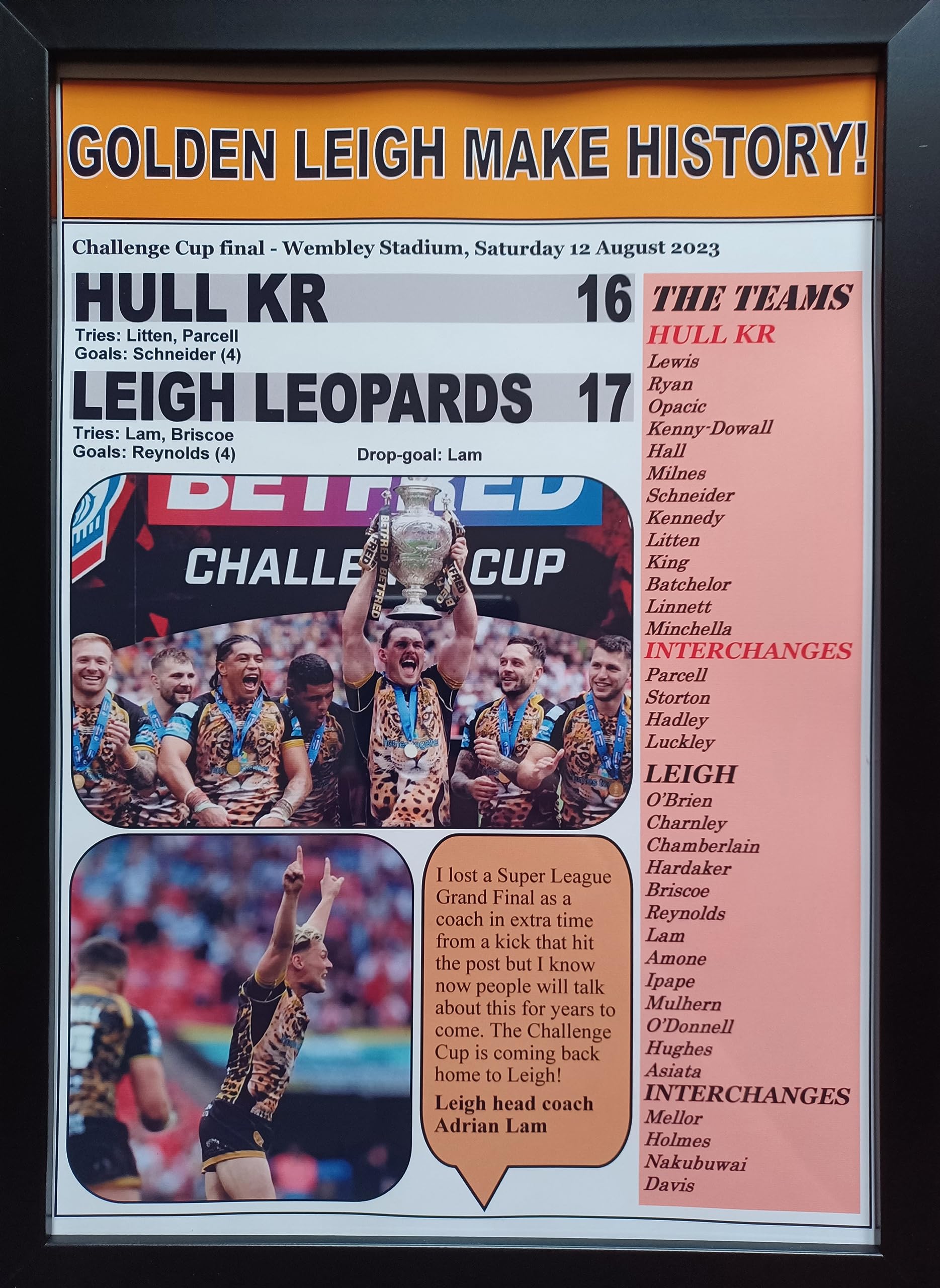 Multicoloured Generic Hull Kr Vs Leigh Leopards 16-17 Challenge Cup Final 2023 Framed Art Print For Living Room Decor
