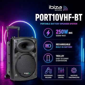 Ibiza - PORT10VHF-BT - Portable speaker, 10 inches (25.4 cm)/max. 500W, 2 microphones (wired and VHF), remote control and protective case - Bluetooth, USB, SD - 5-7 hours independent working time