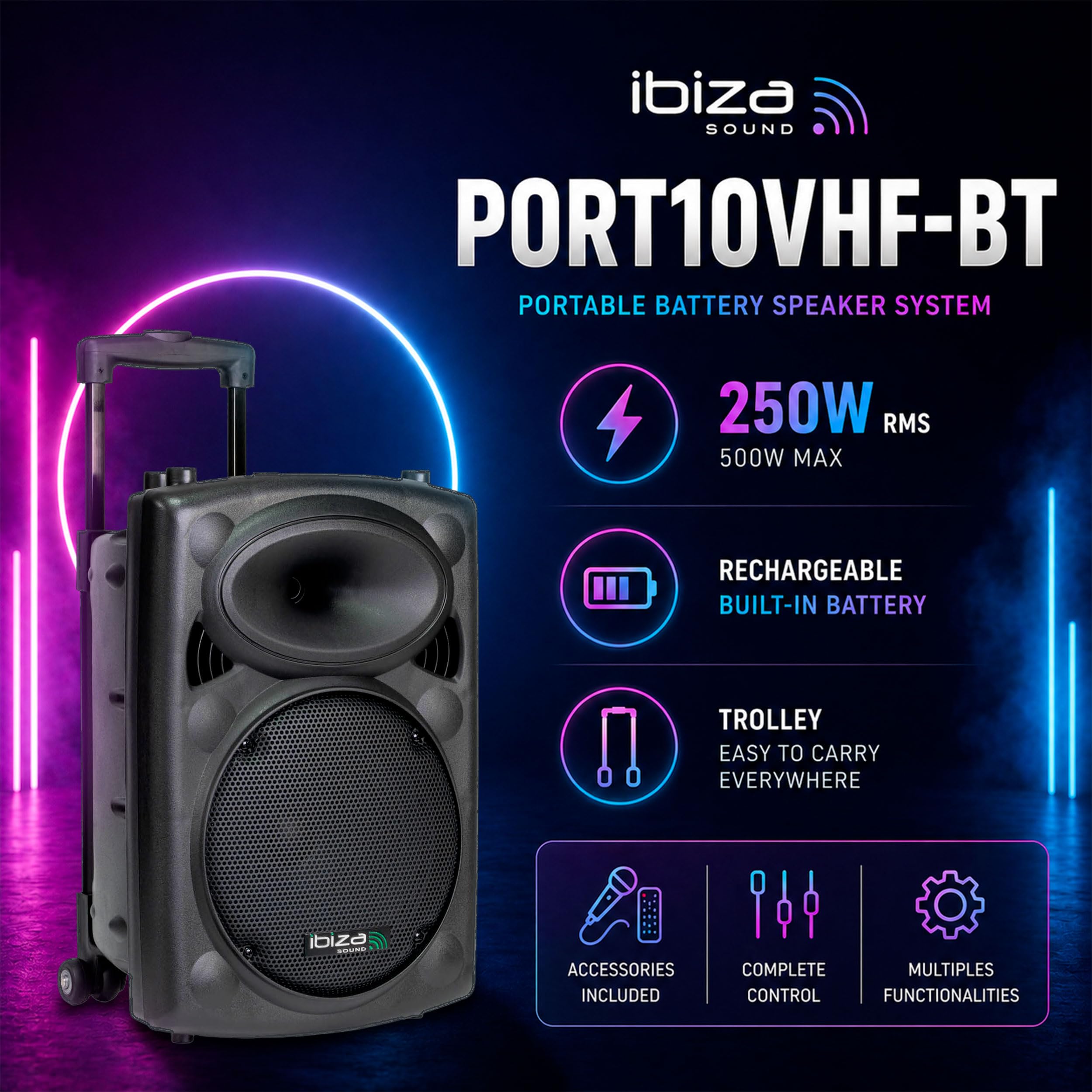 Ibiza PORT10VHF-BT Altoparlante PA Bluetooth 10" 25 cm 500 W 250 W RMS Karaoke 2 Microfoni VHF TWS USB SD Carrello