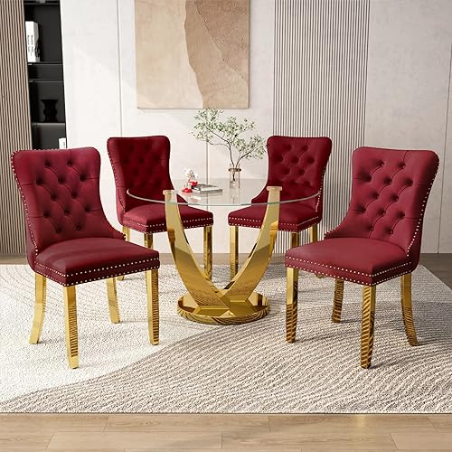 Miniatura 45 de Juego de mesa de comedor redonda de vidrio de 38.9 pulgadas para 4, mesa de comedor redonda con 4 sillas de cocina tapizadas de terciopelo, juego