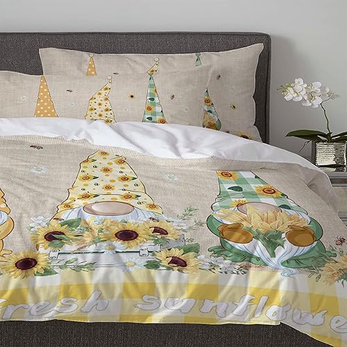 Miniatura 3 de Juego de funda de edredón tamaño King de 3 piezas diseño de gnomo ruso de girasoles de granja con cierre de cremallera lazos en las esquinas 1 funda