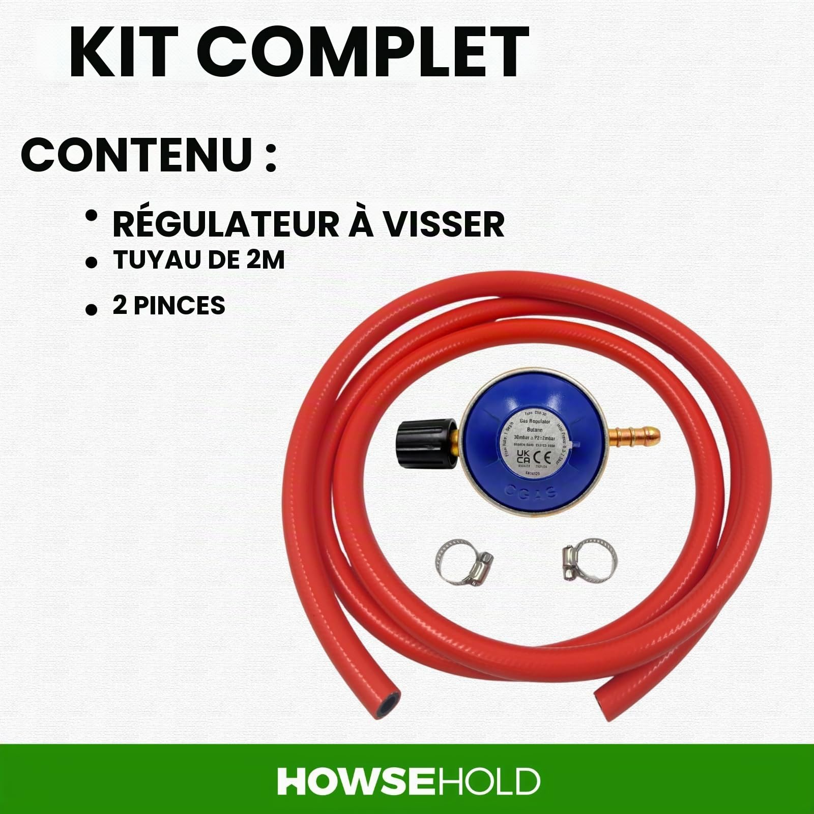 Régulateur de gaz butane de 30 mbar avec tuyau de 2 m et clips pour bouteilles de gaz 901 904 907, régulateur de gaz de camping avec contrôle du robinet, kit de tuyau de gaz de barbecue pour caravane
