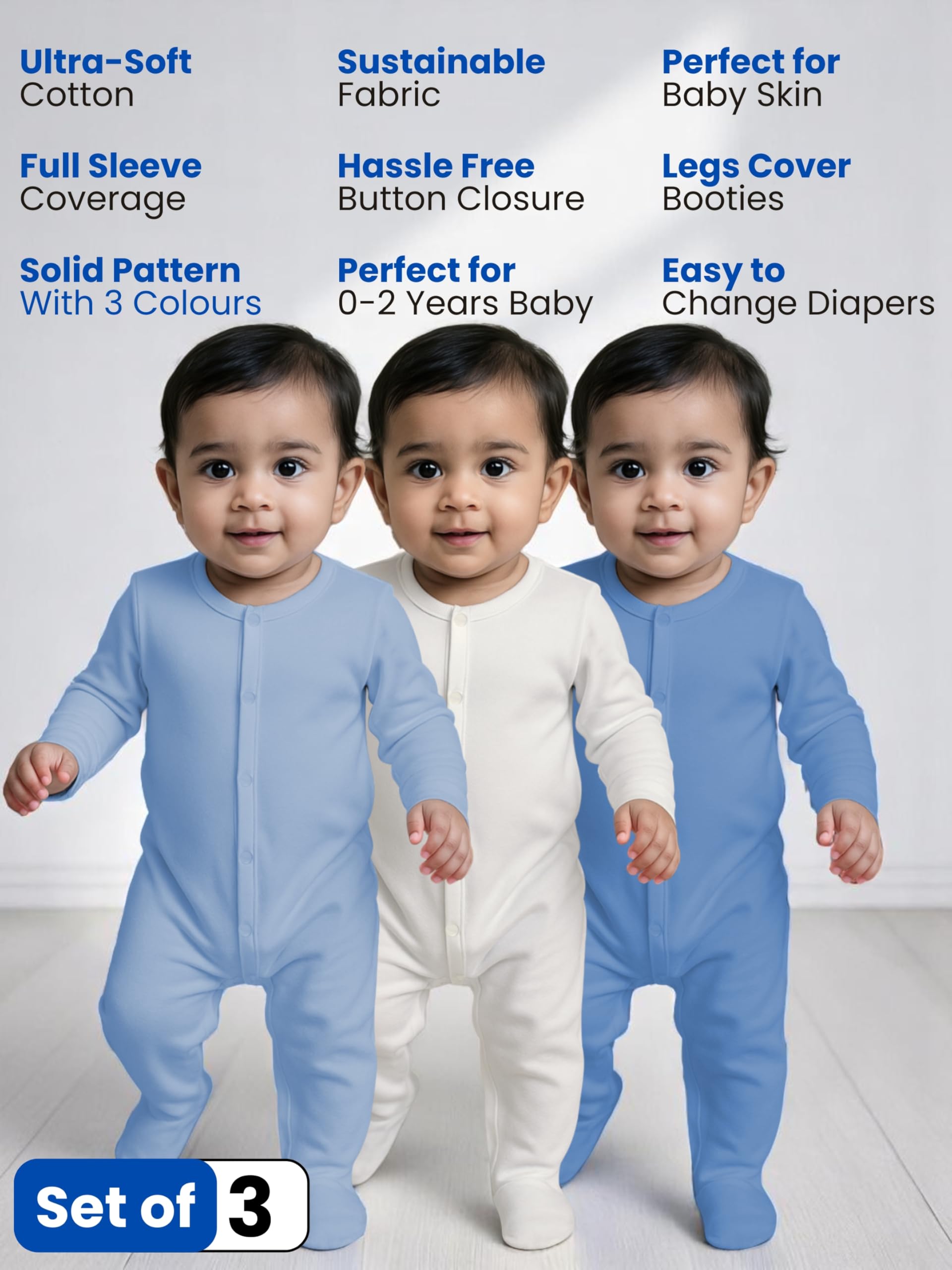 Nuego Pure Cotton Sleepsuits for New Born Baby Boys, Full Sleeve Soft Onesies for Newborn Baby Dress Cotton Cute Solid Multicolor Bodysuit, Footed Rompers Set 3-6 Months - Set of 3 - Image 3 thumbnail