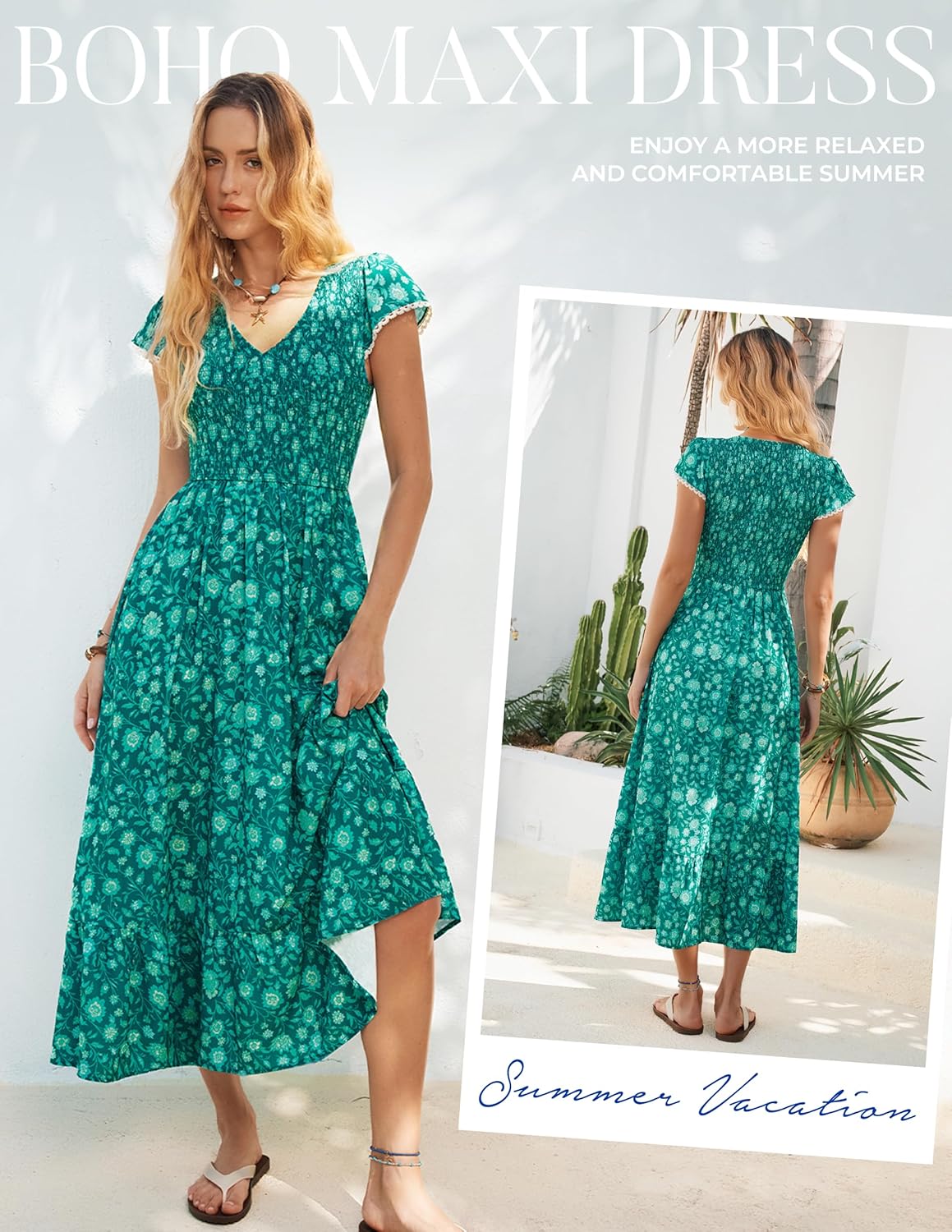 Kate Kasin Women Summer Floral Maxi Dresses 2026, V Neck Smocked Boho Sundress, Flowy Long Beach Vacation Dress with Pockets - Image 3