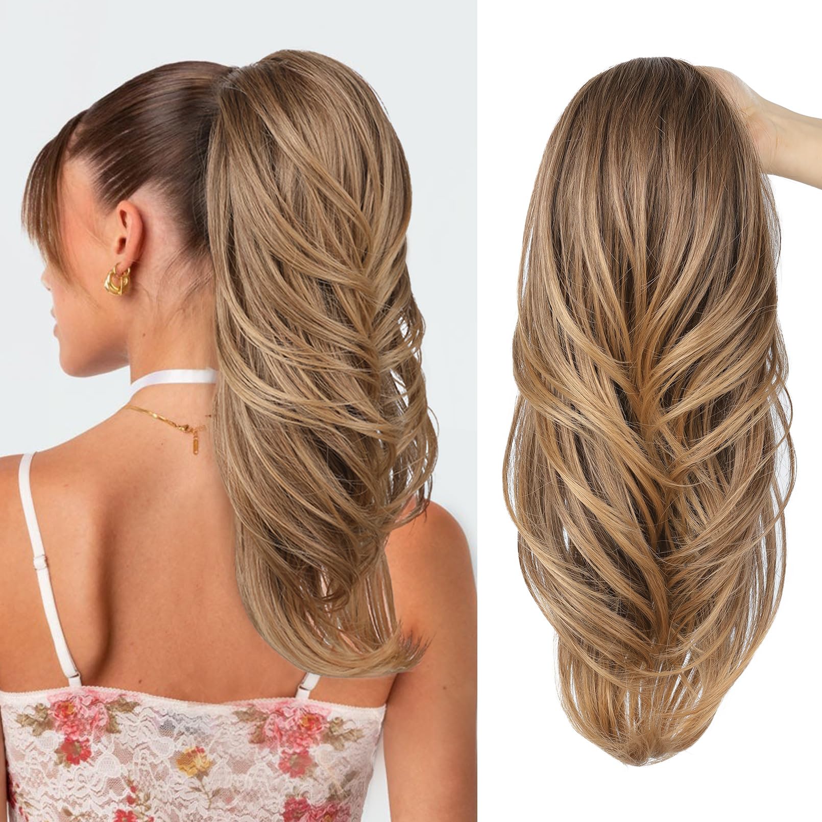 SEIKEA Versatile Drawstring Ponytail Extension, 18" Long Wavy Multi Layered Clip in Ponytail Hair Extensions Stand Up High Fake Pony Tail Soft Natural