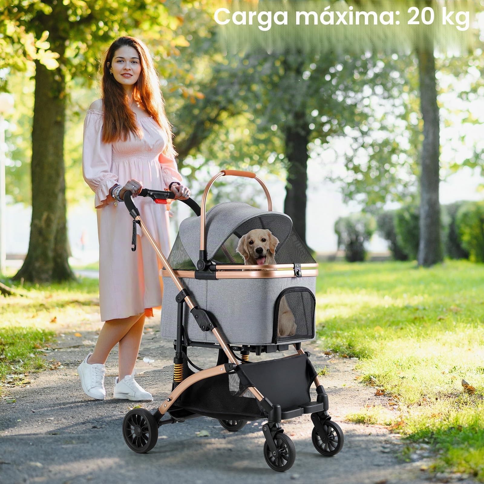 MAMIZO Carro para Perros 3 en 1,Cochecito Plegable con Cesta de Almacenamiento,Ventanas de Malla y Soporte para Bebidas,para Perros y Gatos,hasta 20 kg,4 Ruedas Giratorias 360°,Gris Oscuro