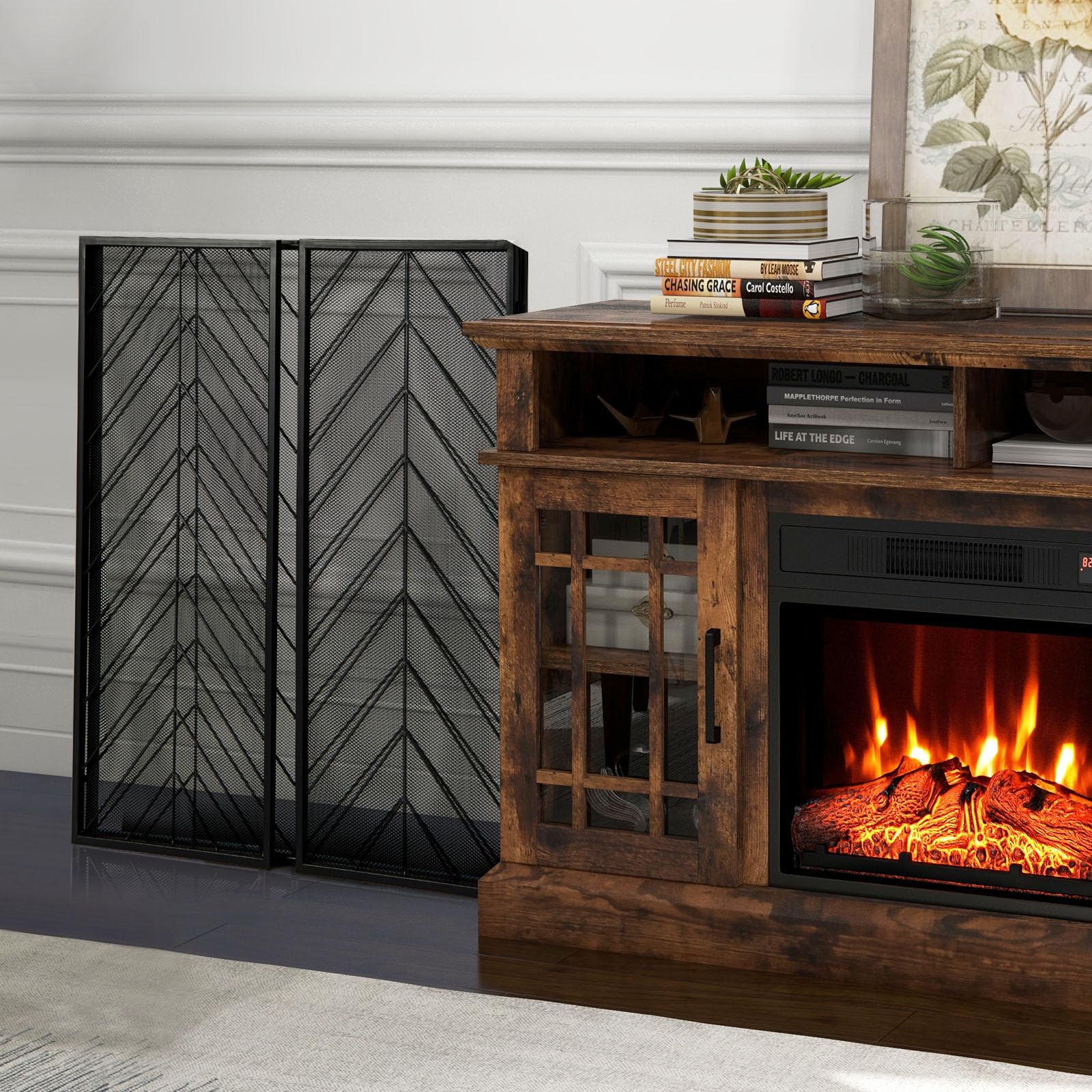 COSTWAY Ecran de Cheminée Pliable à 3 Panneaux de 78 x 133 cm, Pare-Étincelles en Maille de Fer, Clôture de Cheminée avec Charnière Flexible, Grille de Protection pour Salon, Chambre (Noir)
