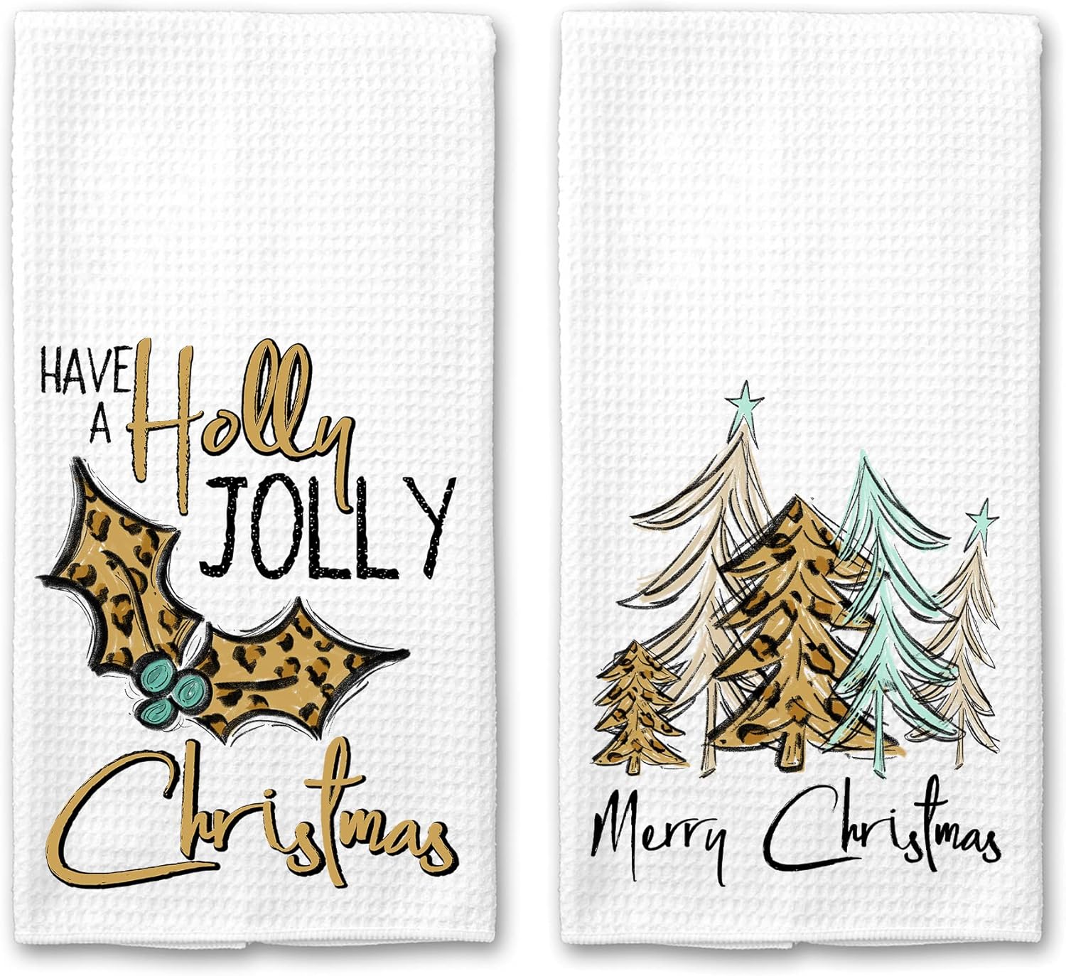 Merry Christmas and Holly Jolly Christmas Leopard Kitchen Towel Holiday Home Decor Set of 2