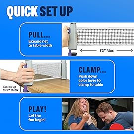 PRO-SPIN Retractable Ping Pong Net - 72 Table Tennis Net with Clamps | Portable Ping Pong Net for Any Table | Includes Custom Mesh Storage Bag | Replacement Table Tennis Net Posts (Purple)