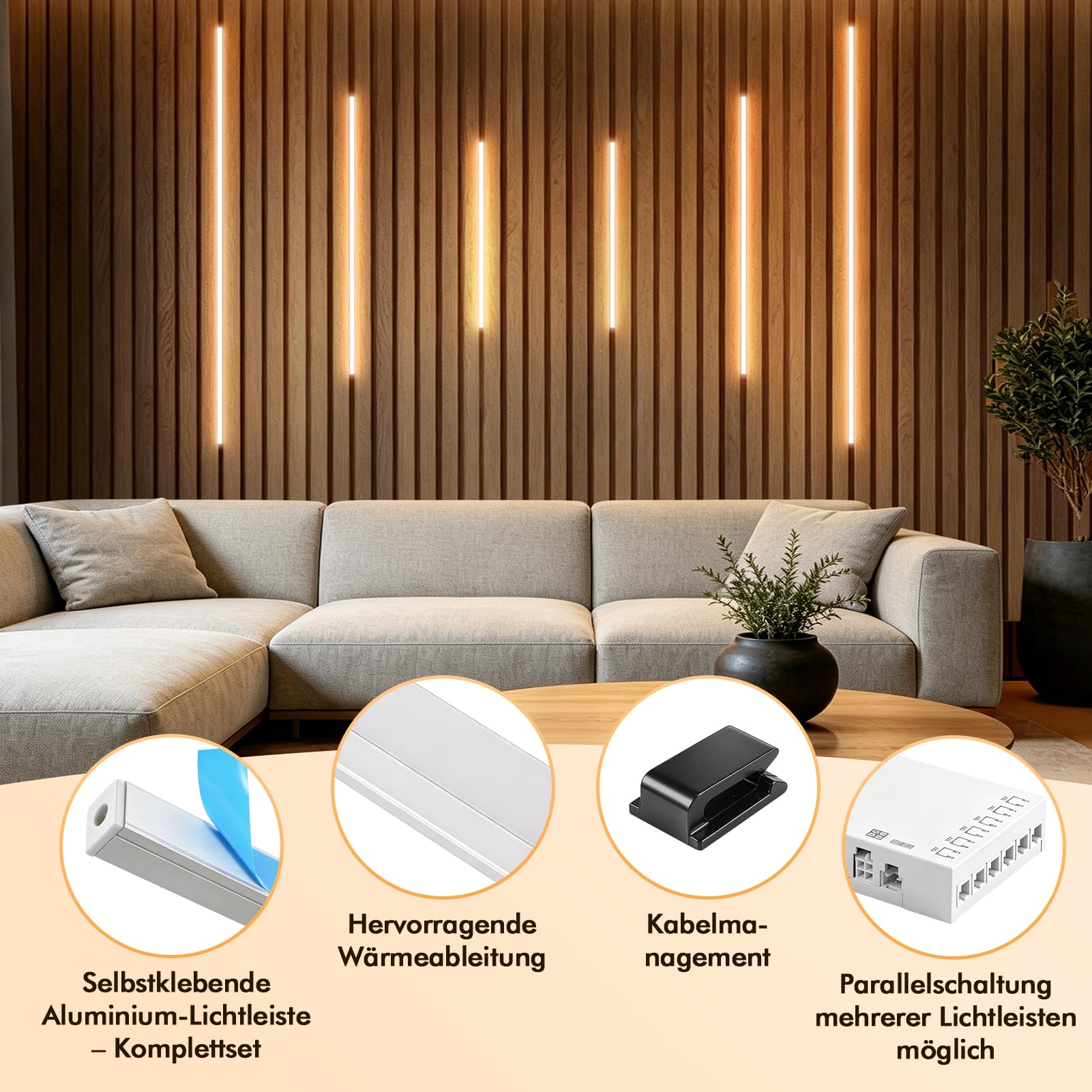 Tira de luz LED integrada para paneles acústicos, regulable, autoadhesiva, luz blanca cálida, 6 unidades con interruptor táctil, tira autoadhesiva, para paneles de pared, iluminación (40 x 2
