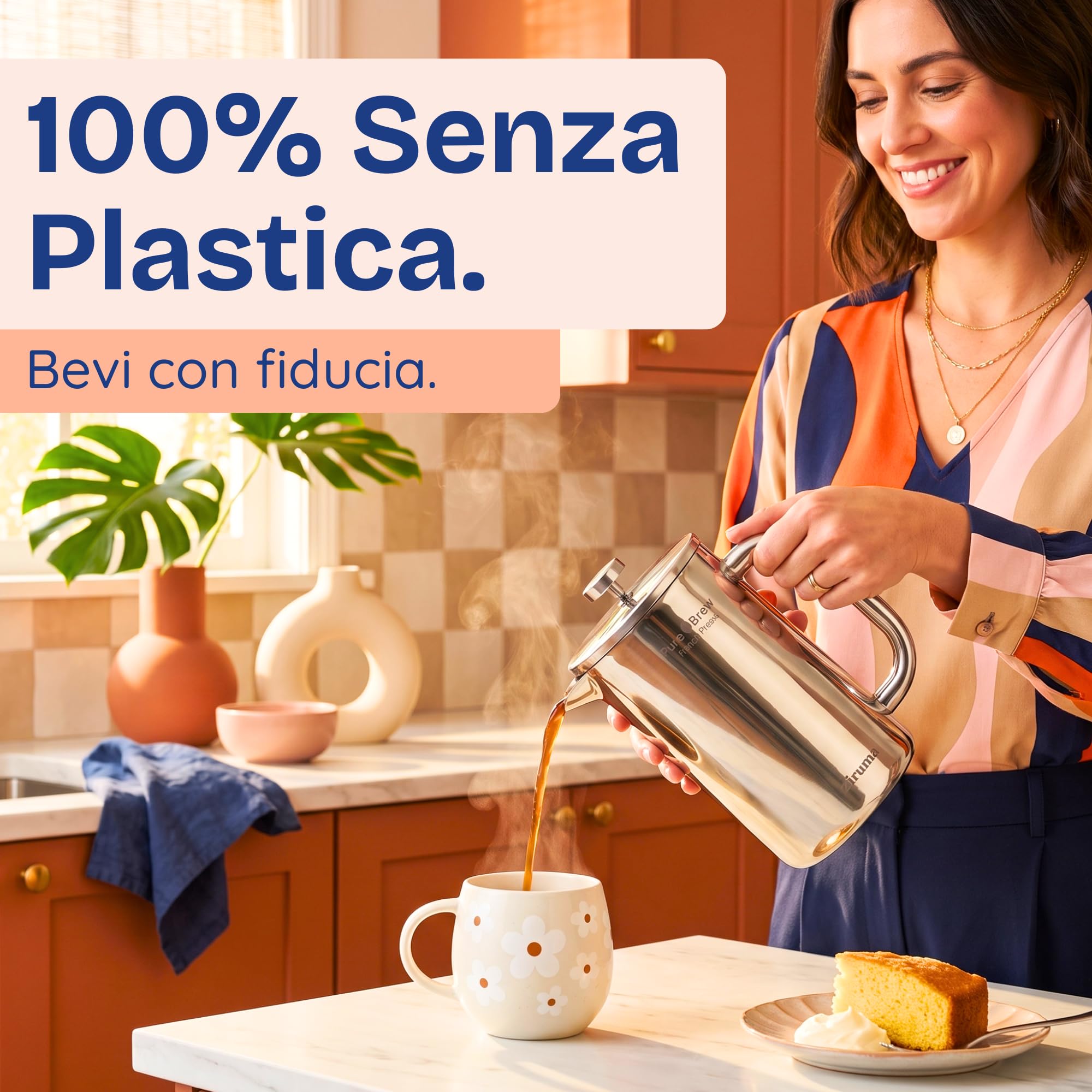 Ziruma Non Tossico Caffettiera a Stantuffo Acciaio, Senza Plastica, 1L