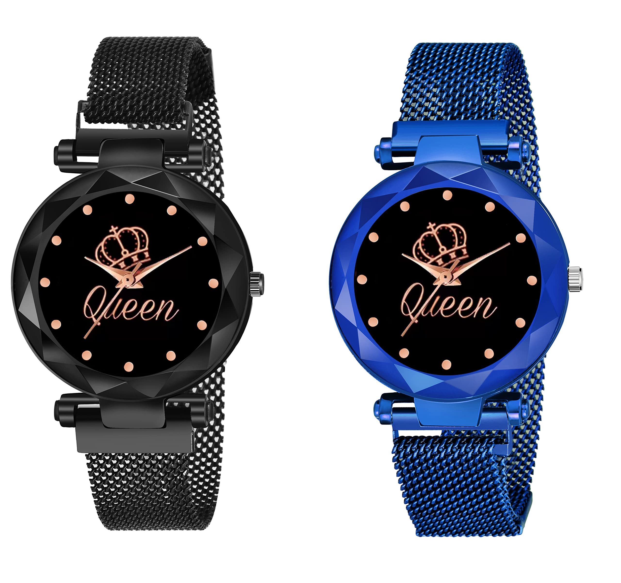 KIARVI GALLERY Casual Analogue Crown Dial Magnetic Strap Analog Watch for Girls and Women (Pack of 2) (Black Blue) (B0BBBFM7NN) Amazon Price History, Amazon Price Tracker