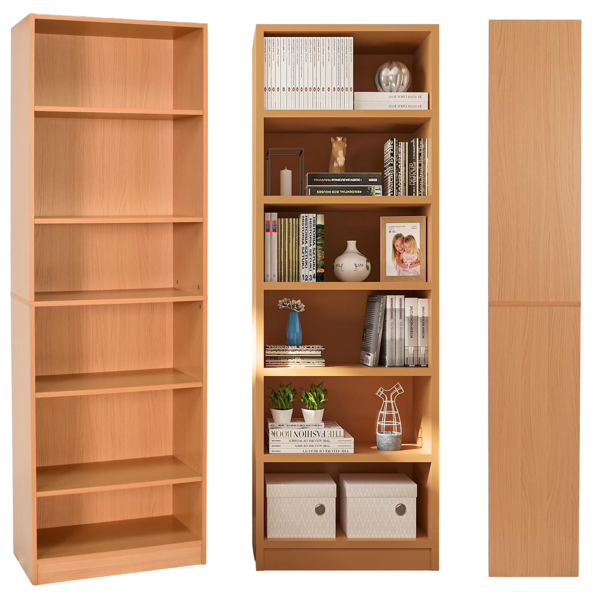 Absolute Deal Limited 6 Tier Tall Wooden Book Shelf with Adjustable Shelves – Narrow Freestanding Storage Unit for Living Room, Bedroom, Home Office, Compact Display Unit (60 x 29 x 180 cm)