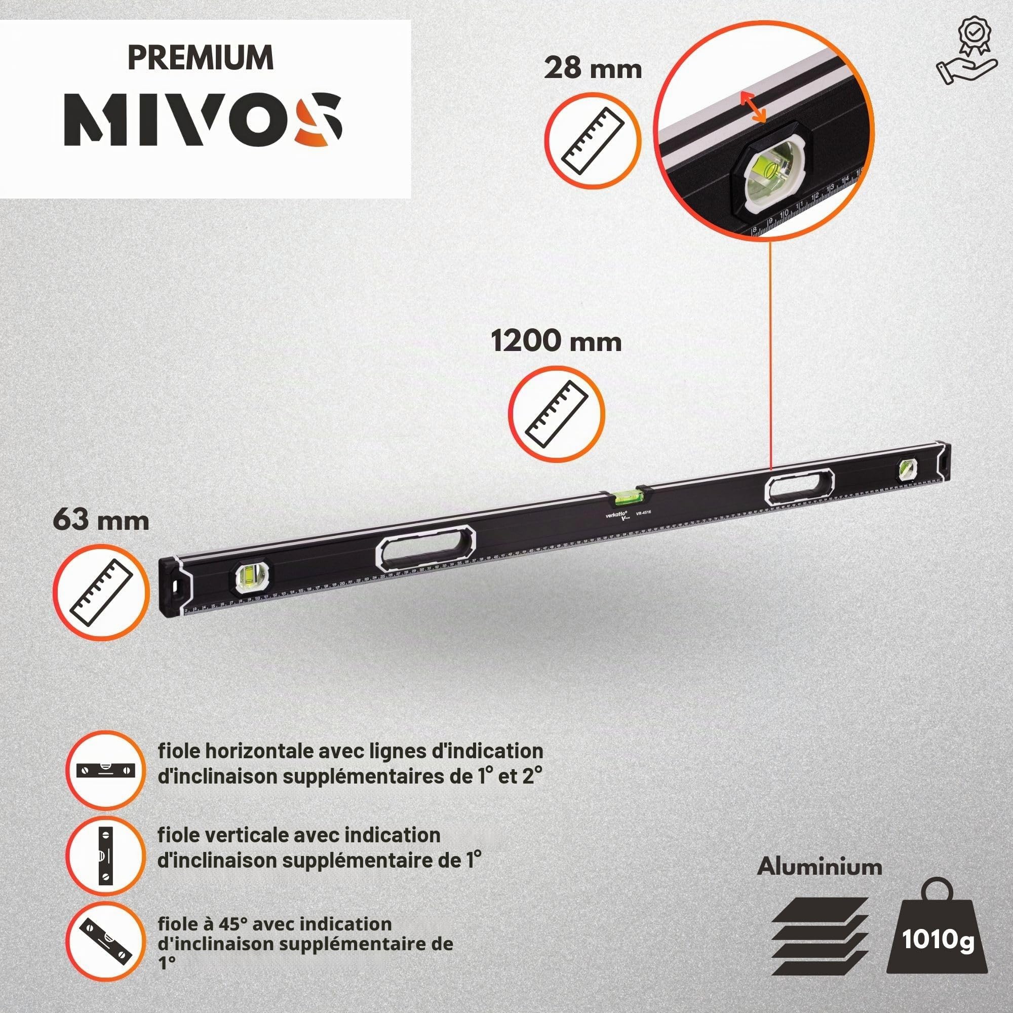 MIVOS - Niveau à bulle en aluminium 120 cm avec système magnétique et boîtier en aluminium - Niveau à bulle à 3 libellules - Haute précision - Niveau à bulle magnétique