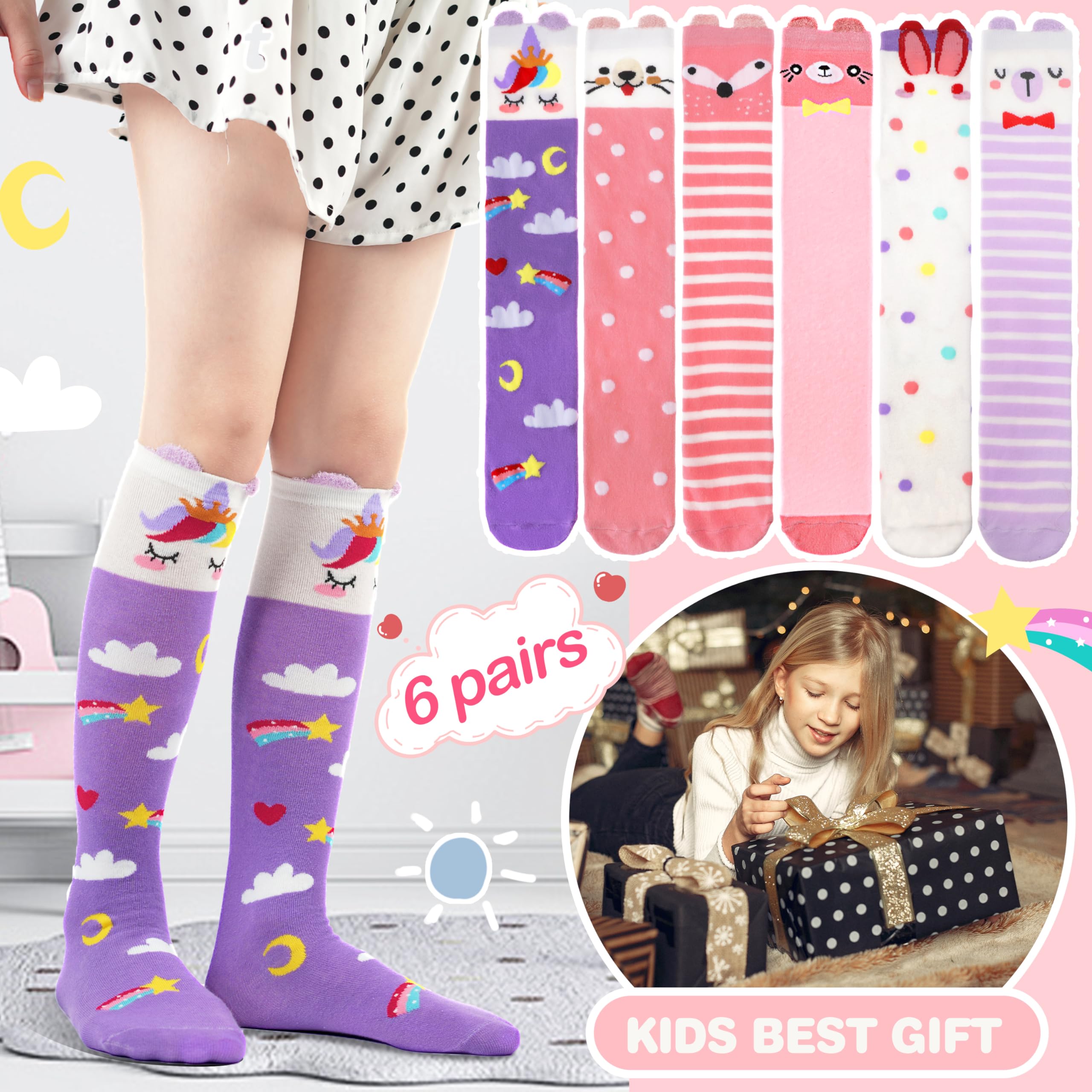 MOGGEI 6 pares de calcetines altos hasta la rodilla para niños y niñas, regalo largos, locos, tontos, divertidos calcetines divertidos para niños