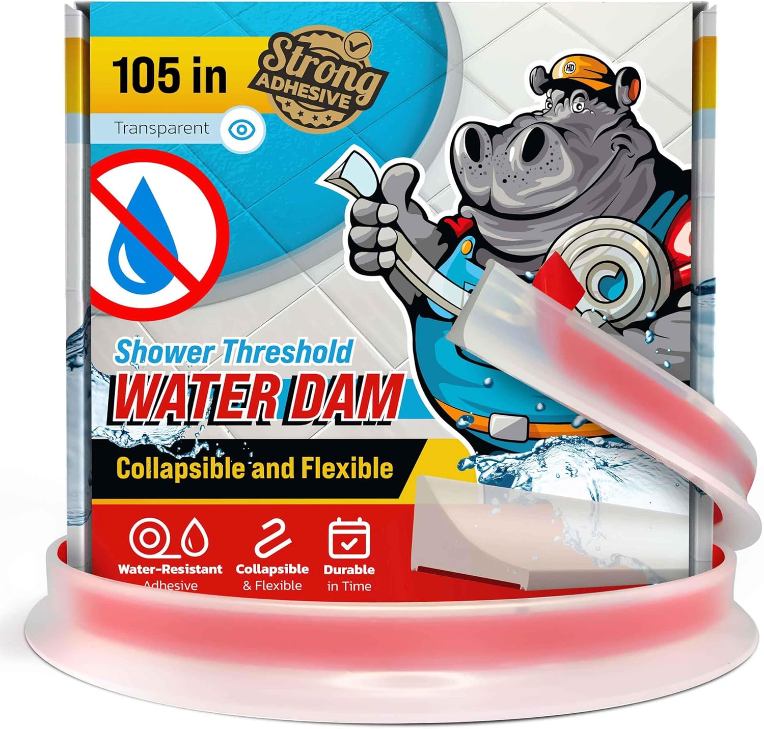 Shower Threshold Water Dam Barrier 105" - Transparent Collapsible Shower Water Blocker - Guard for Walk in Shower - Water Guard Stopper for Floor - Shower Door Water Blocker by Hippo Dam