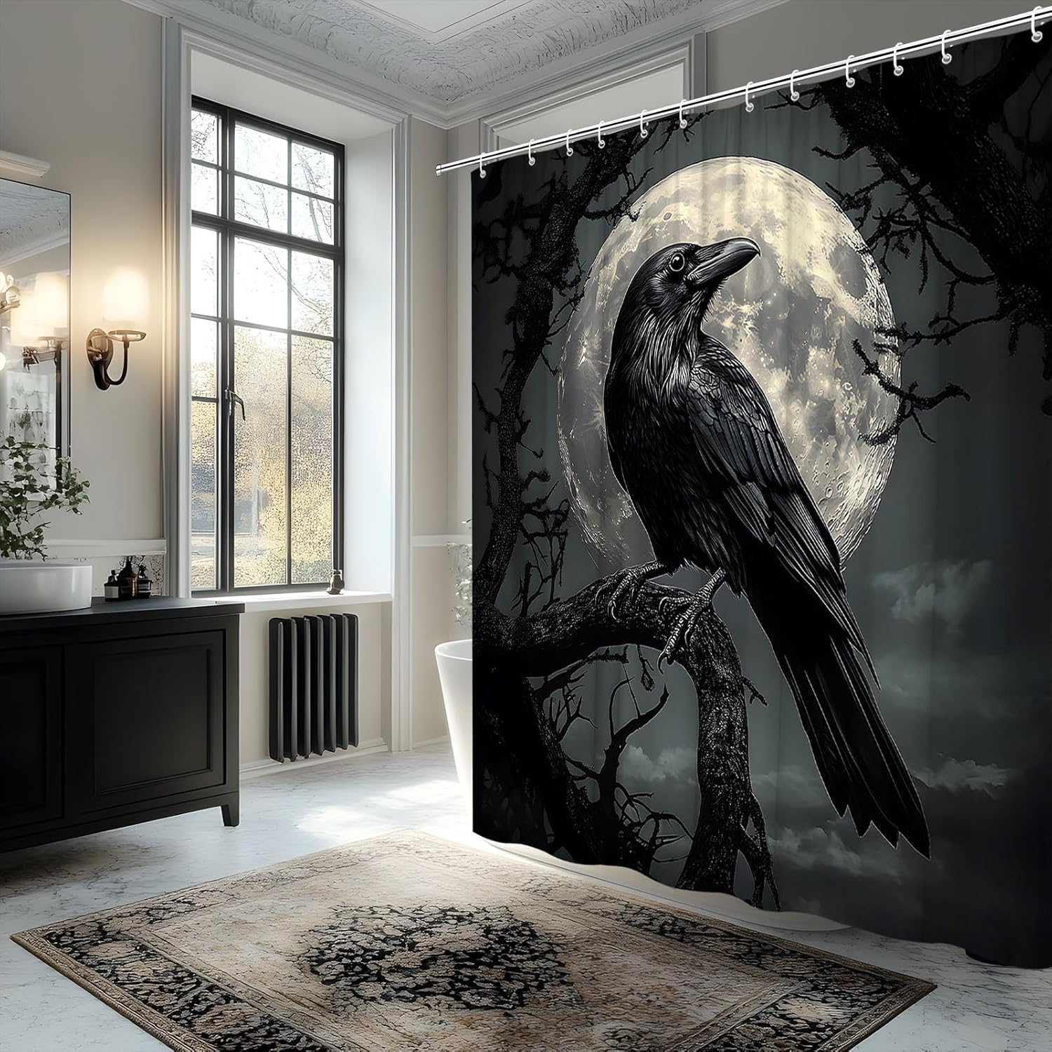 Crow Shower Curtain Gothic Wild Animal Scary Halloween Goth Raven on Branch Tree Full Moon Night Horror Forest Decorative Curtain with Polyester Fabric