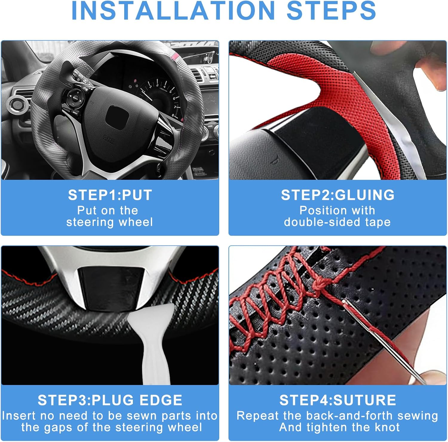 Carbon Fiber DIY Steering Wheel Cover for Honda Civic 9th Generation 2012 2013 2014 2015 Accessories, Stitch on Steering Wheel Wrap with Needle Thread Microfiber Leather 13.5-14.5 inches