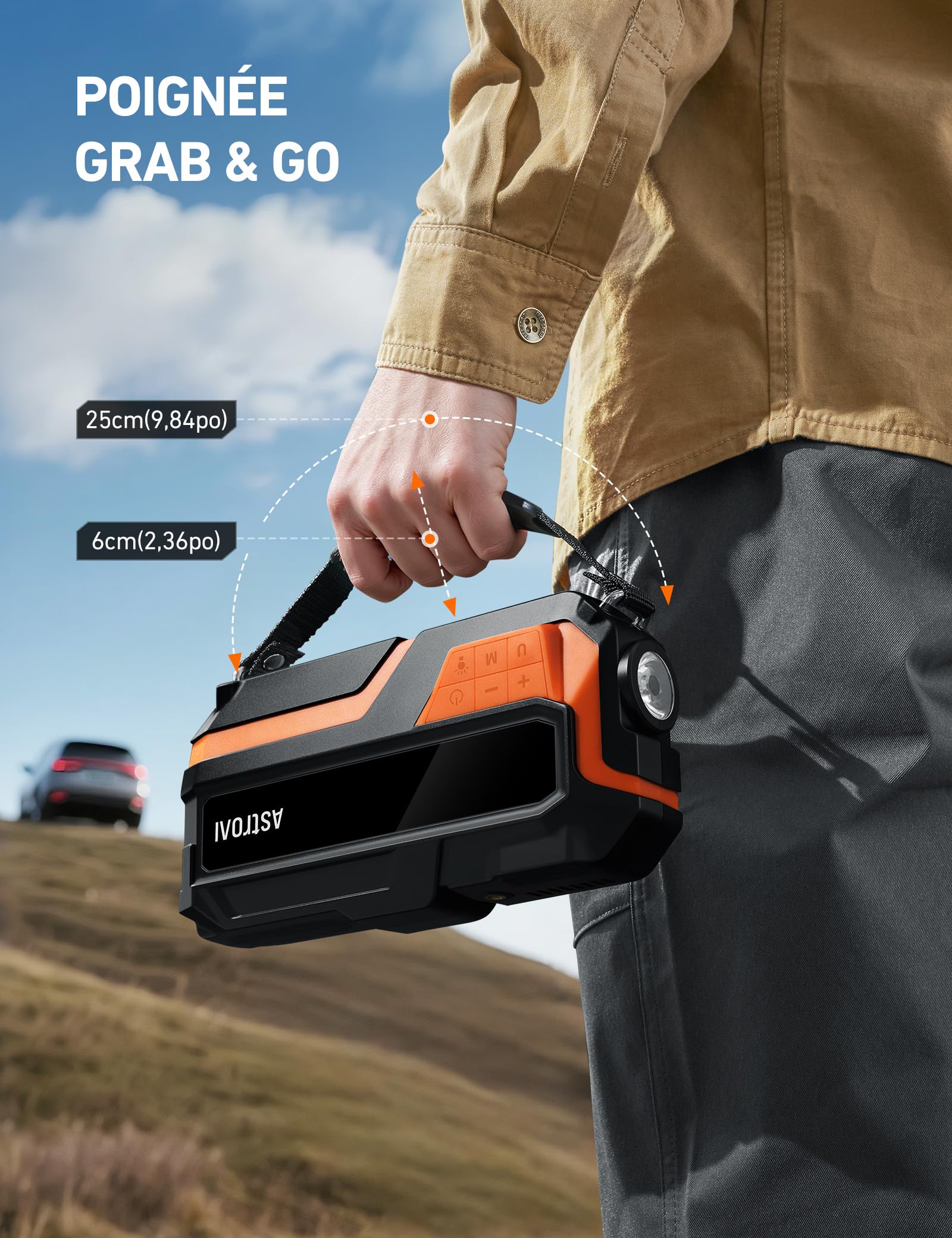 AstroAI Booster Batterie Voiture 6000A Démarreur avec Compresseur à Air | 150PSI 12V 10L Essence/8 L Diesel, Ecran LED Pinces de Sécurité Facilité d'Utilisation Compact pour Voitures Motos SUV Orange