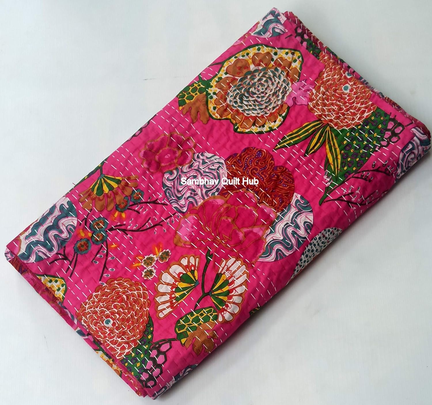 Indian Pink Fruit Kantha with 2 Pillow Cover Vintage Ethnic Cotton Fruit Kantha Quilt Coverlet Bedspread Patchwork Stitch Blanket Twin/Queen/California King Size (60X90 inch)