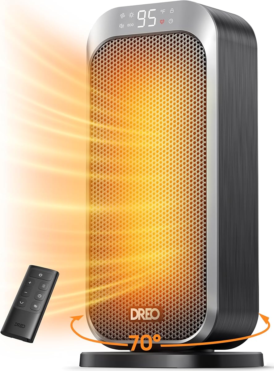 DREO Quiet Space Heater, 1500W Portable Heaters for Indoor Use with Remote, 70° Oscillation, Fast and Safety Electric PTC Ceramic for Desk Office Bedroom, 12H Timer