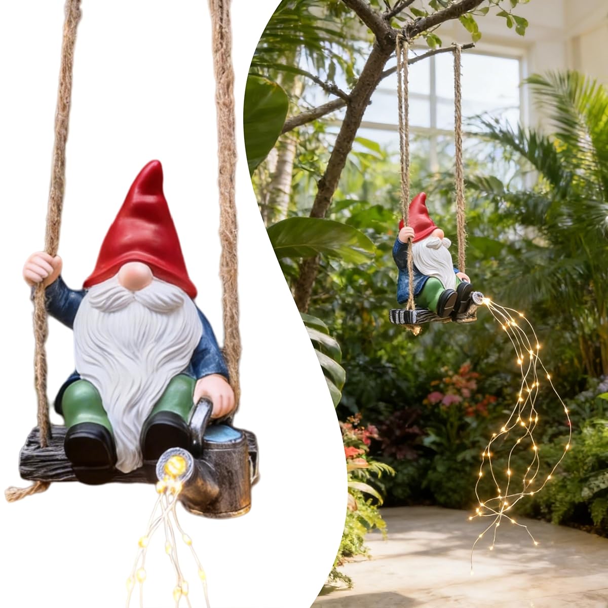 QCF Hanging Garden Gnomes Statues Solar Watering Can Fairy Lights, 6.7H Swings