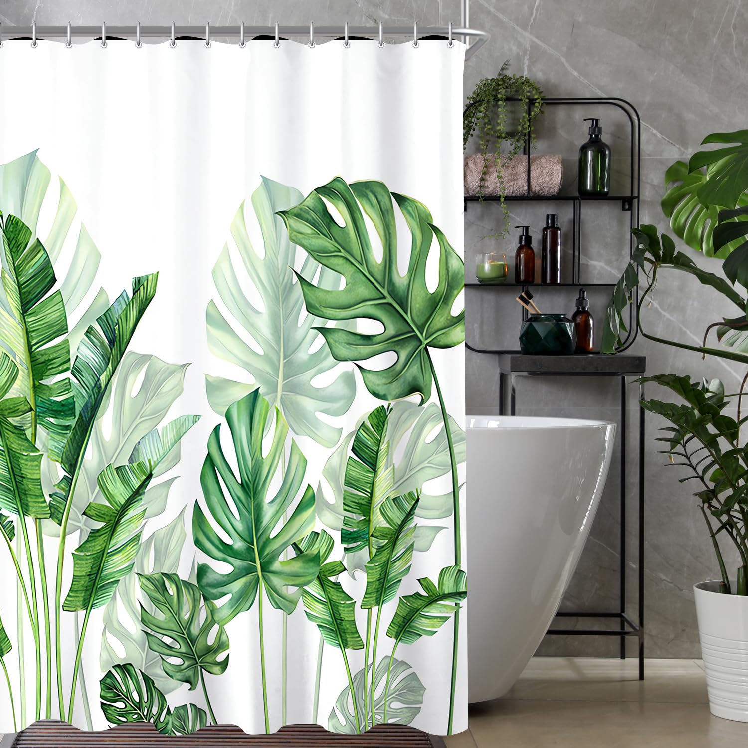 Lerores Tenda da Doccia 160x160 cm, Verde Foglie Fondo Pesante Antimuffa, Impermeabile, Lavabile in Tessuto Poliestere, Tende da Bagno con Occhielli e 12 Anelli per Doccia per Bagno, Vasca da Bagno