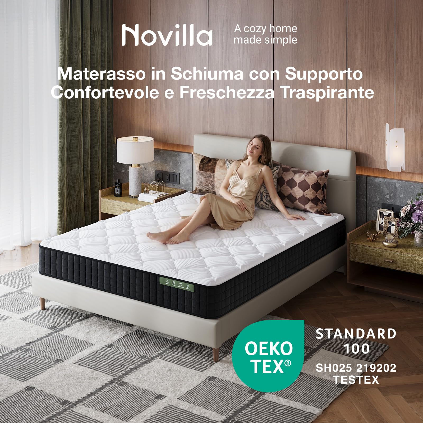 Novilla Materasso 160x200, Materasso Matrimoniale, Altezza 20 cm, Gel Memory Foam, Schiuma Traspirante in Fibra di Bambù, Supporto Comfort, Media Rigidità