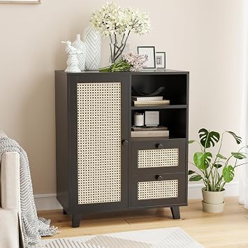 Farini Side Buffet Cabinet with Rattan Doors,Kitchen Sideboard with 2 Drawers Coffee Bar Storage Console Table,Black,27.6 inch