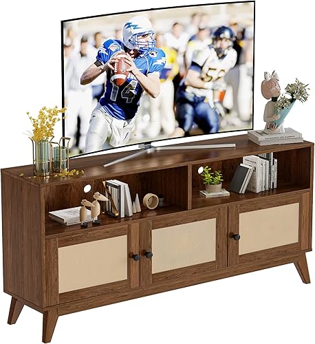 AWQM Soporte de TV para sala de estar, consola de TV moderna de mediados de siglo, centro de entretenimiento de ratán con almacenamiento y estantes