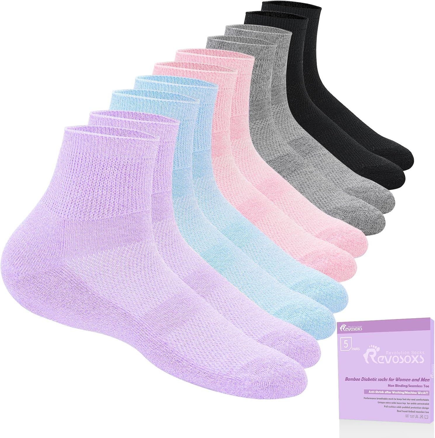 Revosoxs Diabetic Socks for Women Men,5 Pairs Non Binding Diabetic Ankle Wide Stretchy Loose Seamless Socks 7-9 9 11