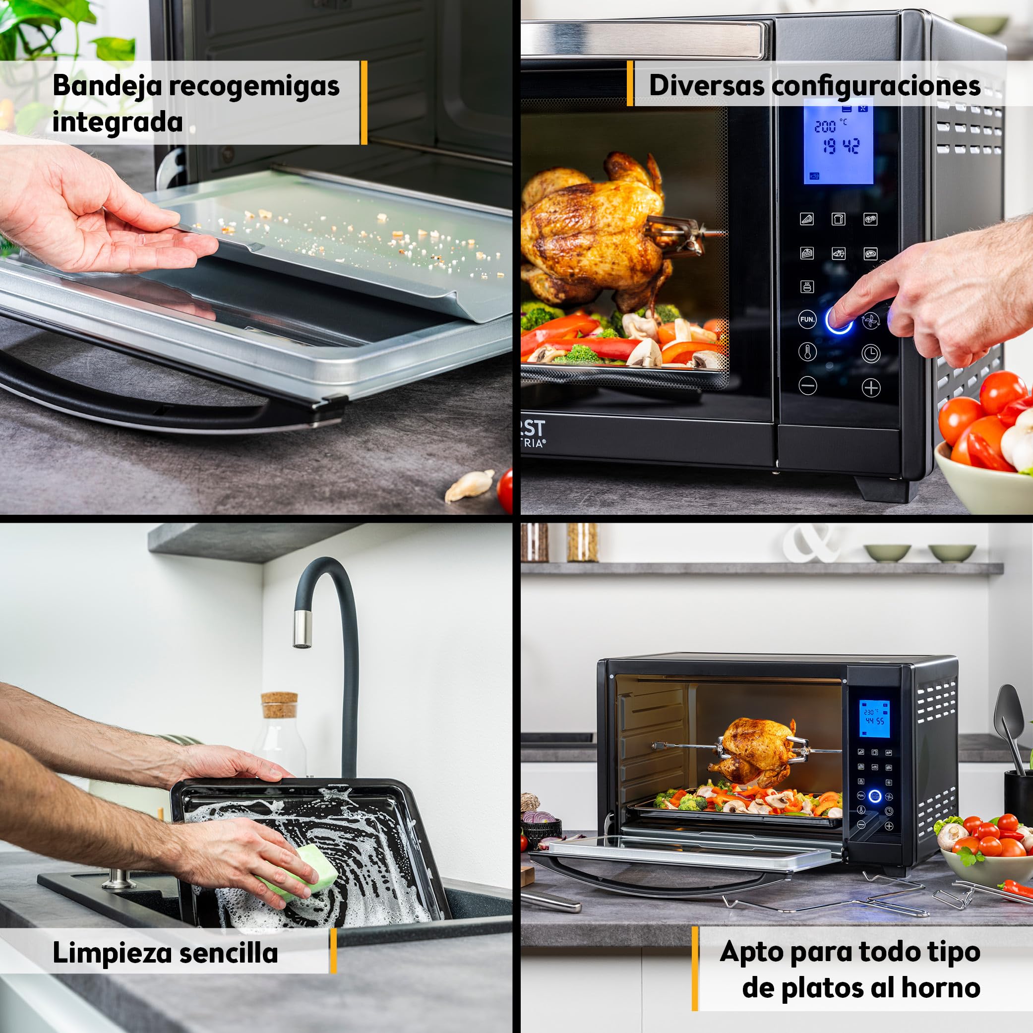 TZS First Austria Mini Horno 45L 2000W con Premium-X Coating – Minihorno Digital hasta 230°C & 4 Alturas – Temporizador de 180 Min & 8 Modos – Incl. Asador Giratorio – Para cocinas pequeñas & camping