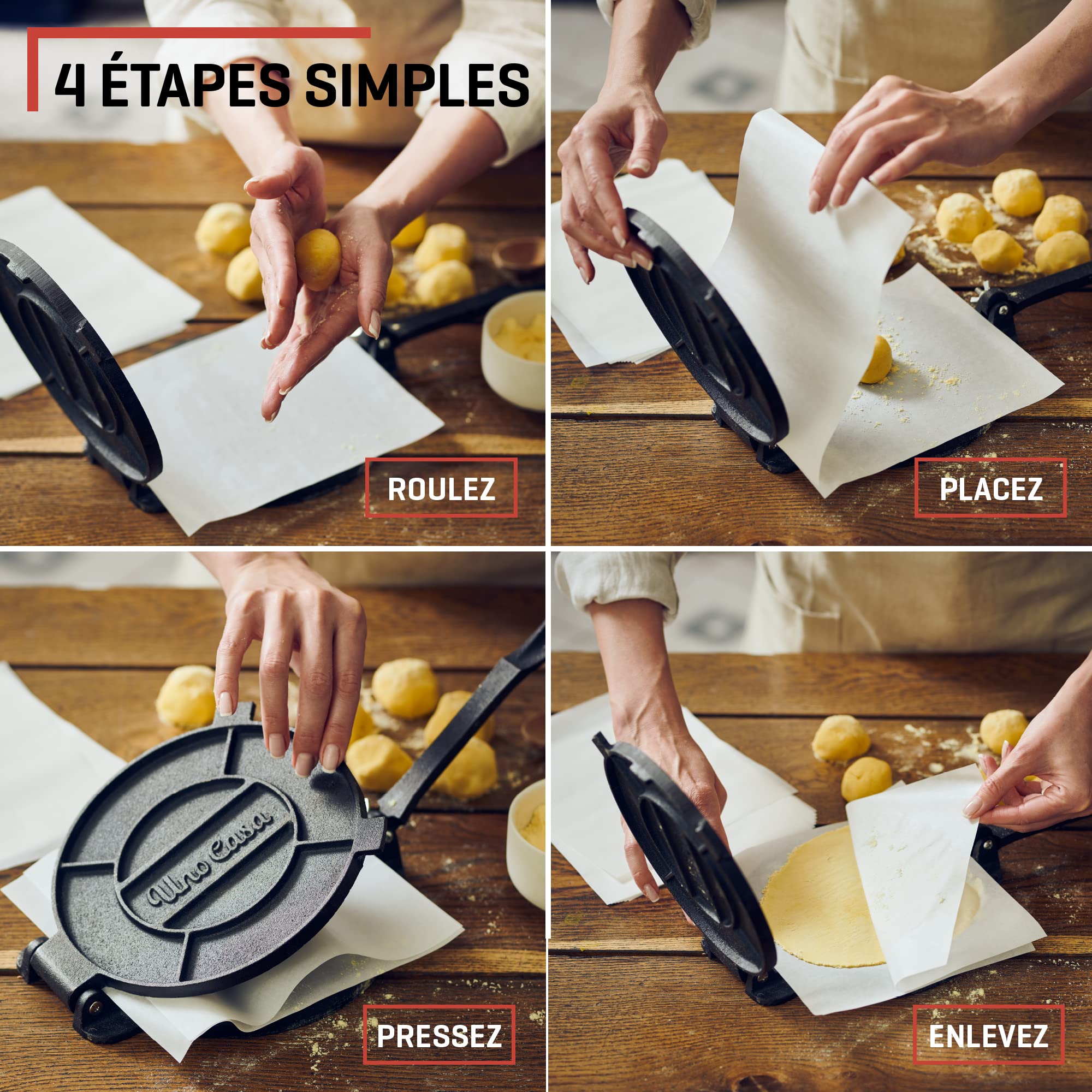 Uno Casa Tortilla et Machine à Crêpe – Fonte résistante – 20 cm– Parfait pour les Crêpes, les Tartes, les Rotis, les Raviolis – 100 Feuilles de Papier Sulfurisé en Bonus
