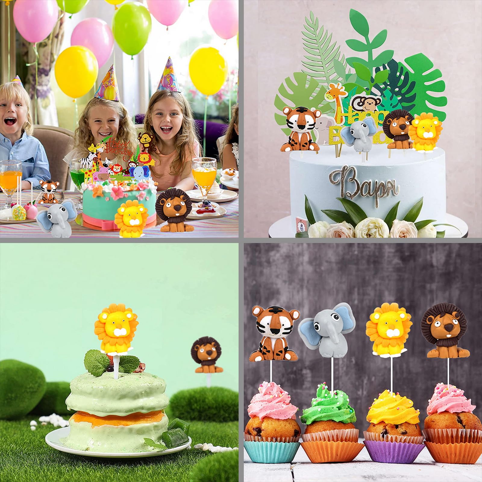 Waldtiere Kuchenaufsatz-Set – 11-teilig, Mit Tiger, Löwe, Giraffe & Blättern, Für Geburtstagsparty