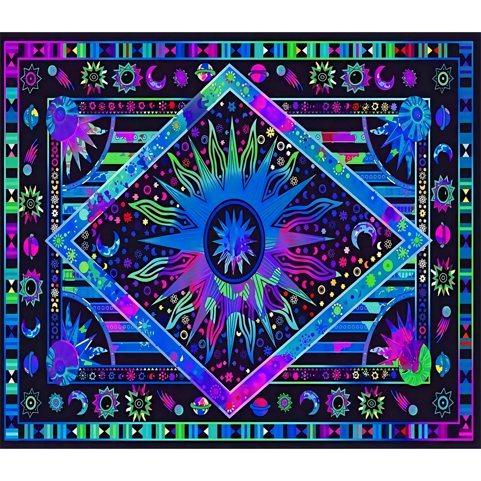 Roninkier Sun Moon UV Tapestry Black Light Wall Cloth, Psychedelic Aesthetic Natural Scenery Wall Hanging for Bedroom Living Room (Sun Moon 2, 95 x 73cm)