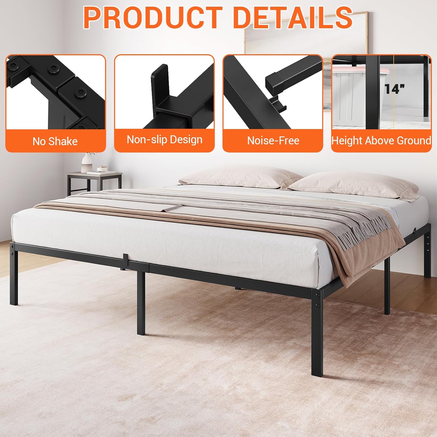 Metal Bed Frame, Queen Size Bed Frame with Storage Space, 15 Inch Bed Frames 1000LB Capacity Heavy Duty Sturdy Mattress Foundation, Easy Assembly No Box Spring Needed, Black