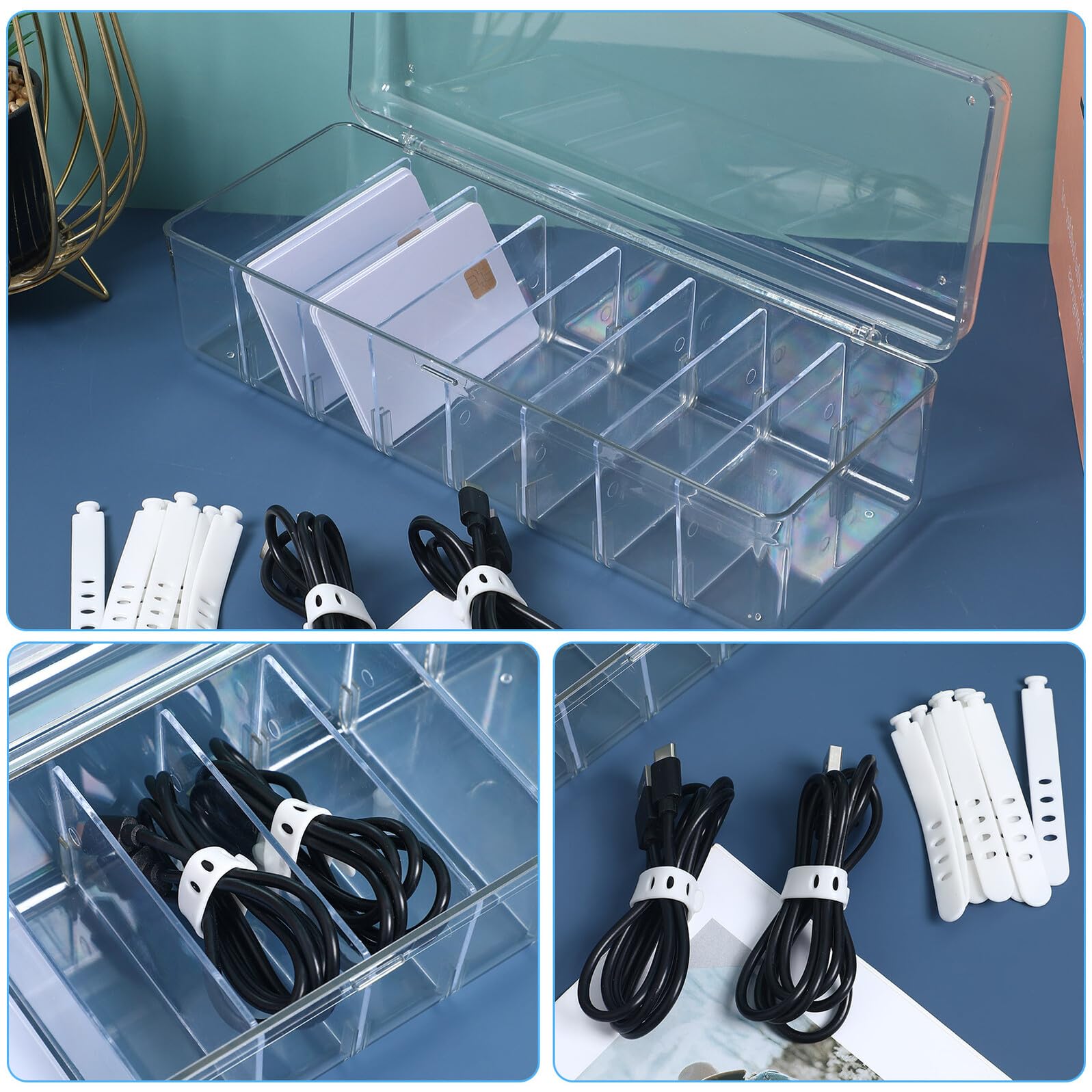 Scatola Organizer Cavi Dati Trasparente 2 Pezzi in Plastico | Etichette Adesive Incluse, 20 Fascette per Fissaggio, Formato Compatto per Gestione Ordinata