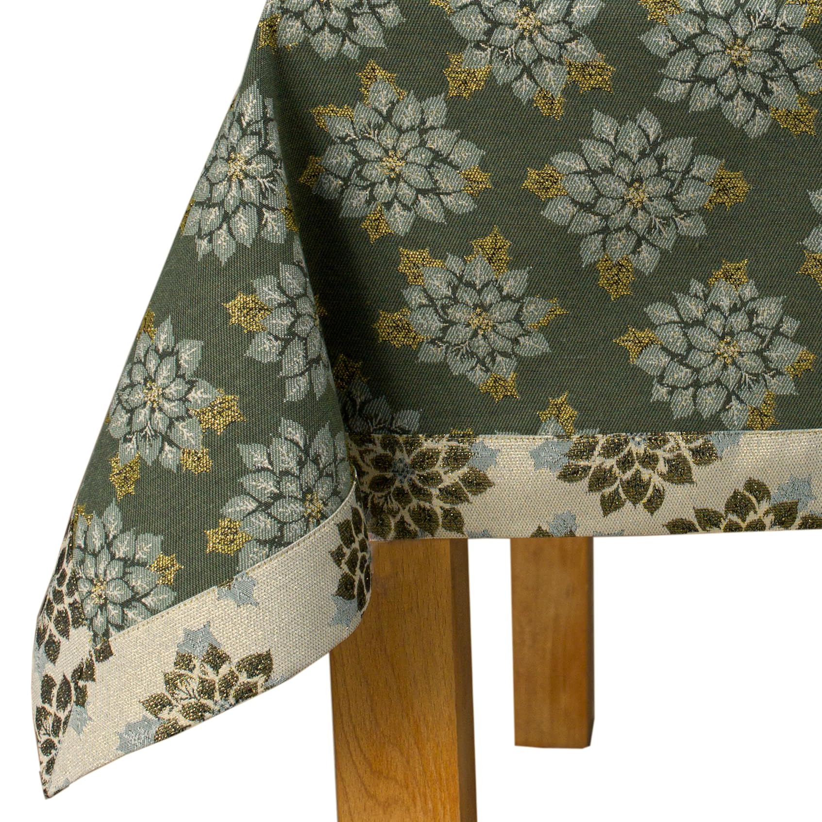 Weihnachts-Tischdecke für Weihnachten, Baumwoll-Polyester mit Motiv Poinsettia, genäht mit Manschette für 5 cm, Grün Elegance Naldo 3786 (150x250 cm)