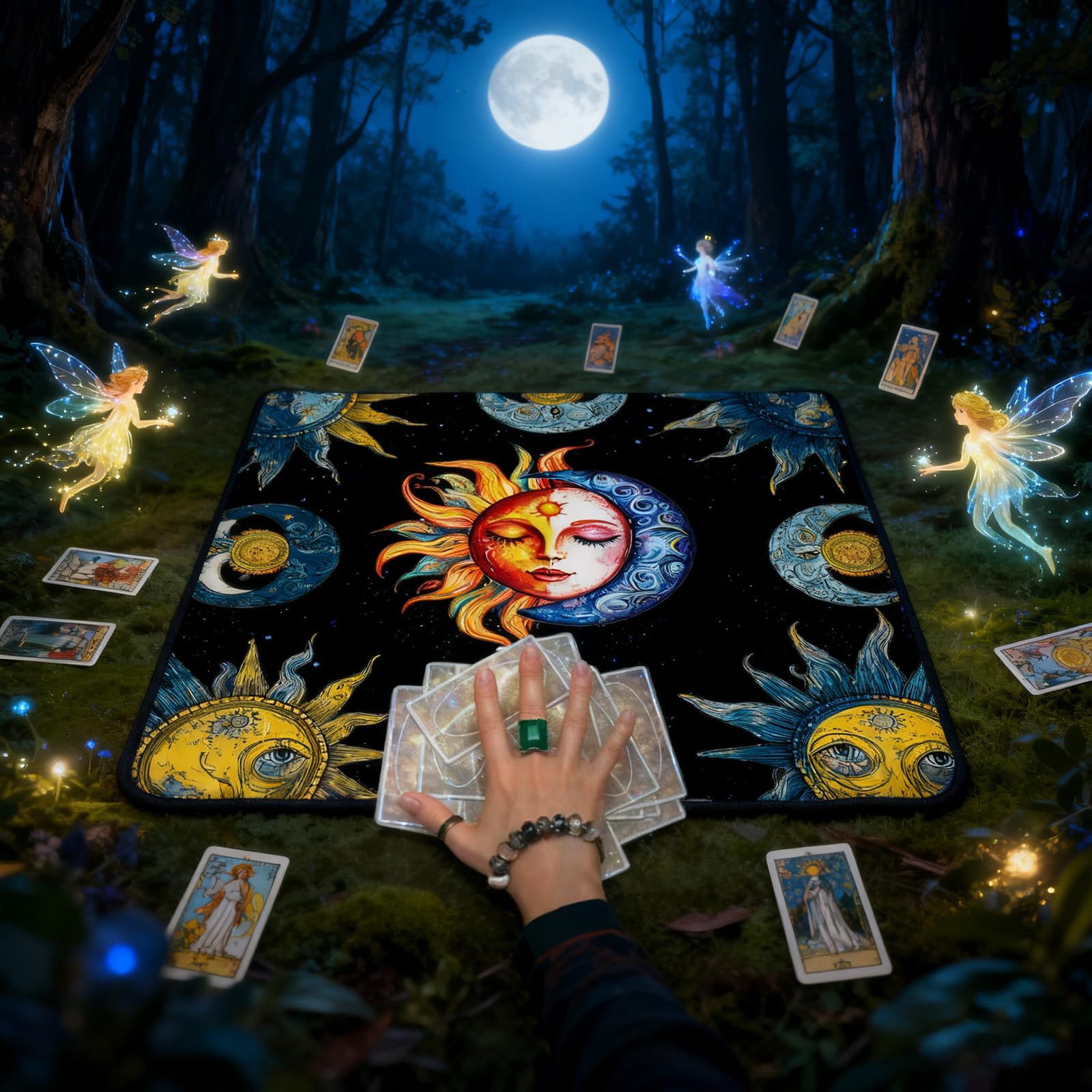 Mantello per Carte dei Tarocchi Nero con Simboli della Luna e del Sole, Tappetino da Lettura per Divinazione, Perfetto per Principianti e Esperti, Facile da Piegare e Trasportare