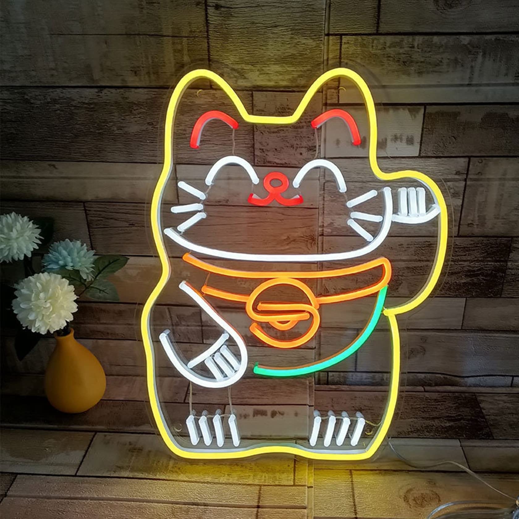 Enseigne Lumineuse Néon - Chat Porte-bonheur Coloré - Décoration Murale