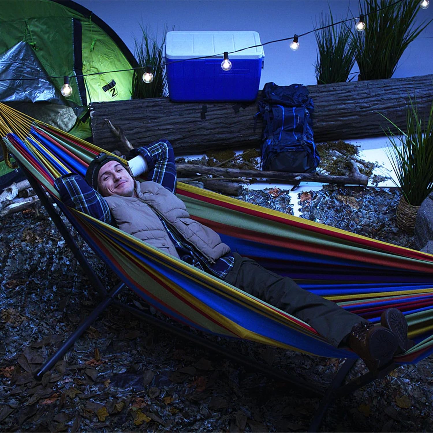 Vivere Double Cotton Hammock with Space Saving Steel Stand, Upgraded Polyester End Strings 450 lb Capacity - Premium Carry Bag Included - USA Grown Cotton (Tropical)