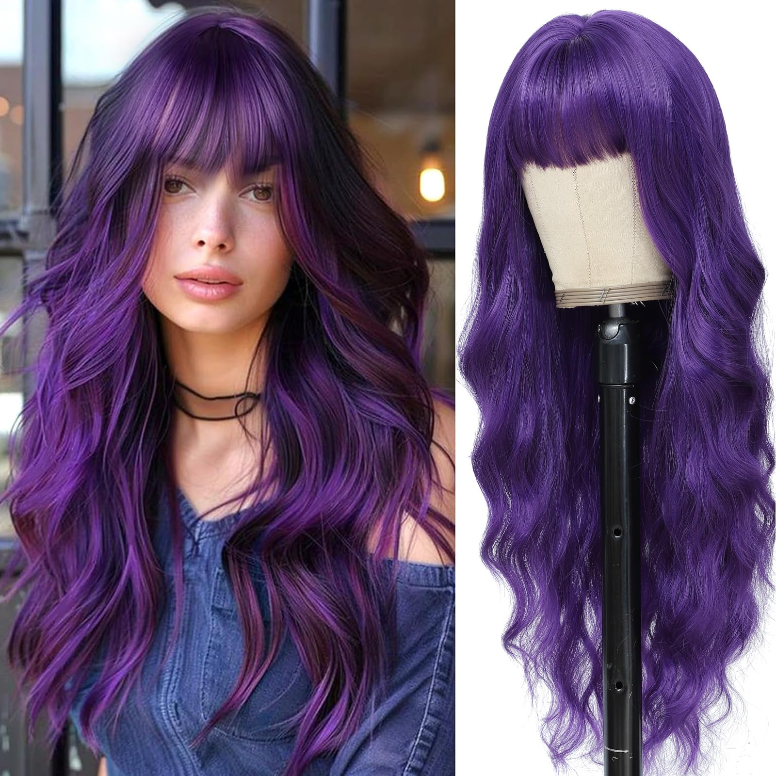 MINSEEYOO Long Wavy Synthetic Wig with Bangs