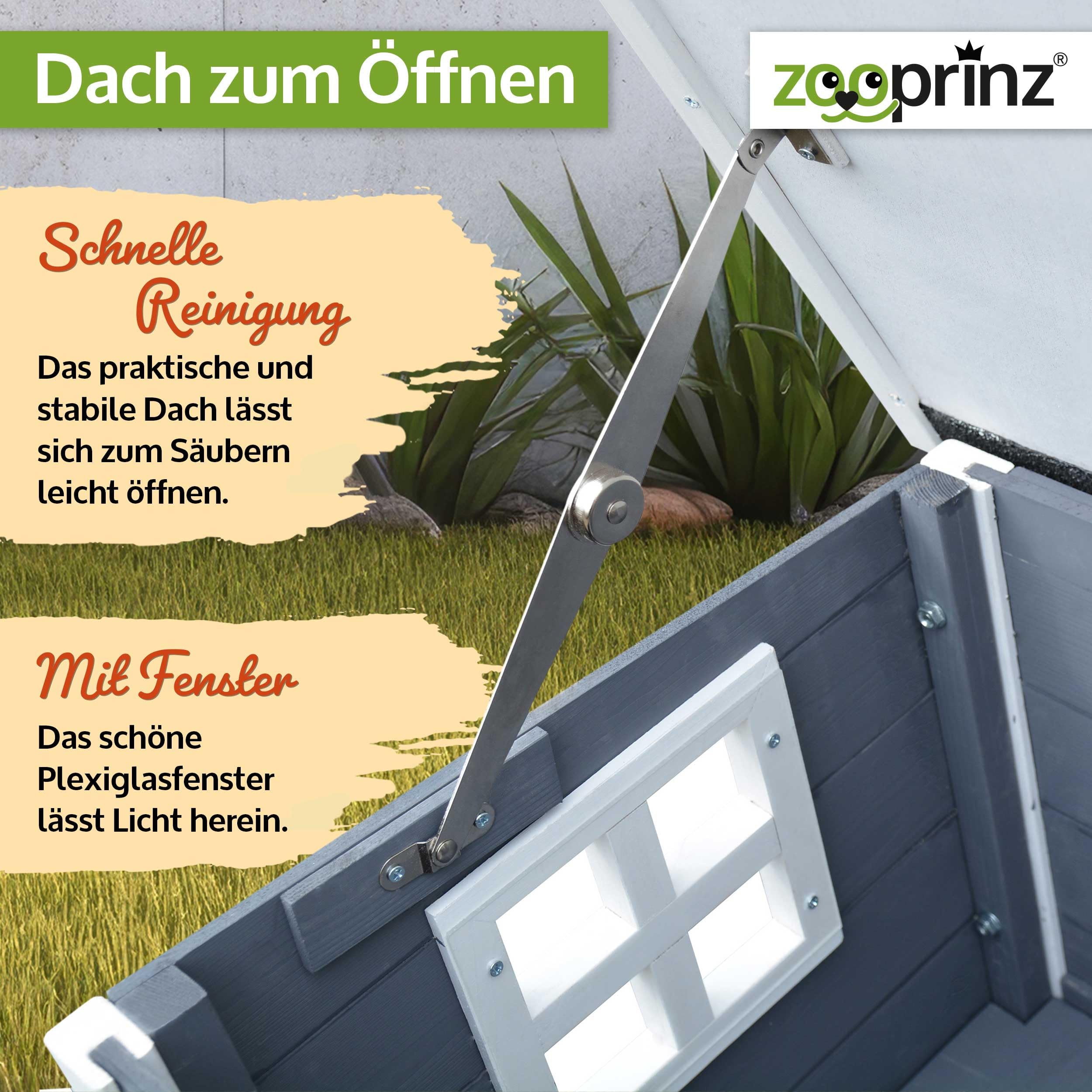 zooprinz Holz Katzenhaus – Katzenkiste mit Schwingtür, Grau-Weiß | Katzenbox mit Dach zum Öffnen, Fenster, Sisalband und Schwingtür – wetterfeste Hütte für Garten, Balkon, innen & draußen