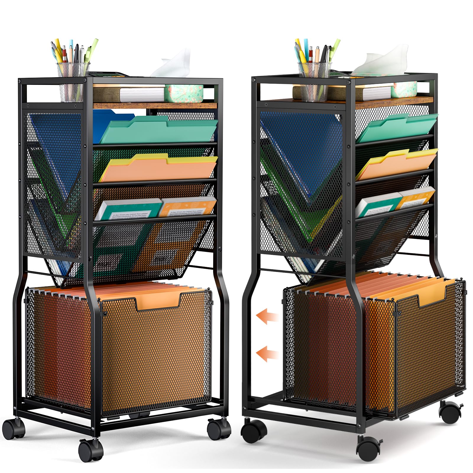 DAOUTIME 8 Tier Rolling File Cart with Hanging File Folder Organizer, Mobile File Organizer with 2 Sides Access Bookcase, Beside/Under Desk Cart with Wheels for Office Home School