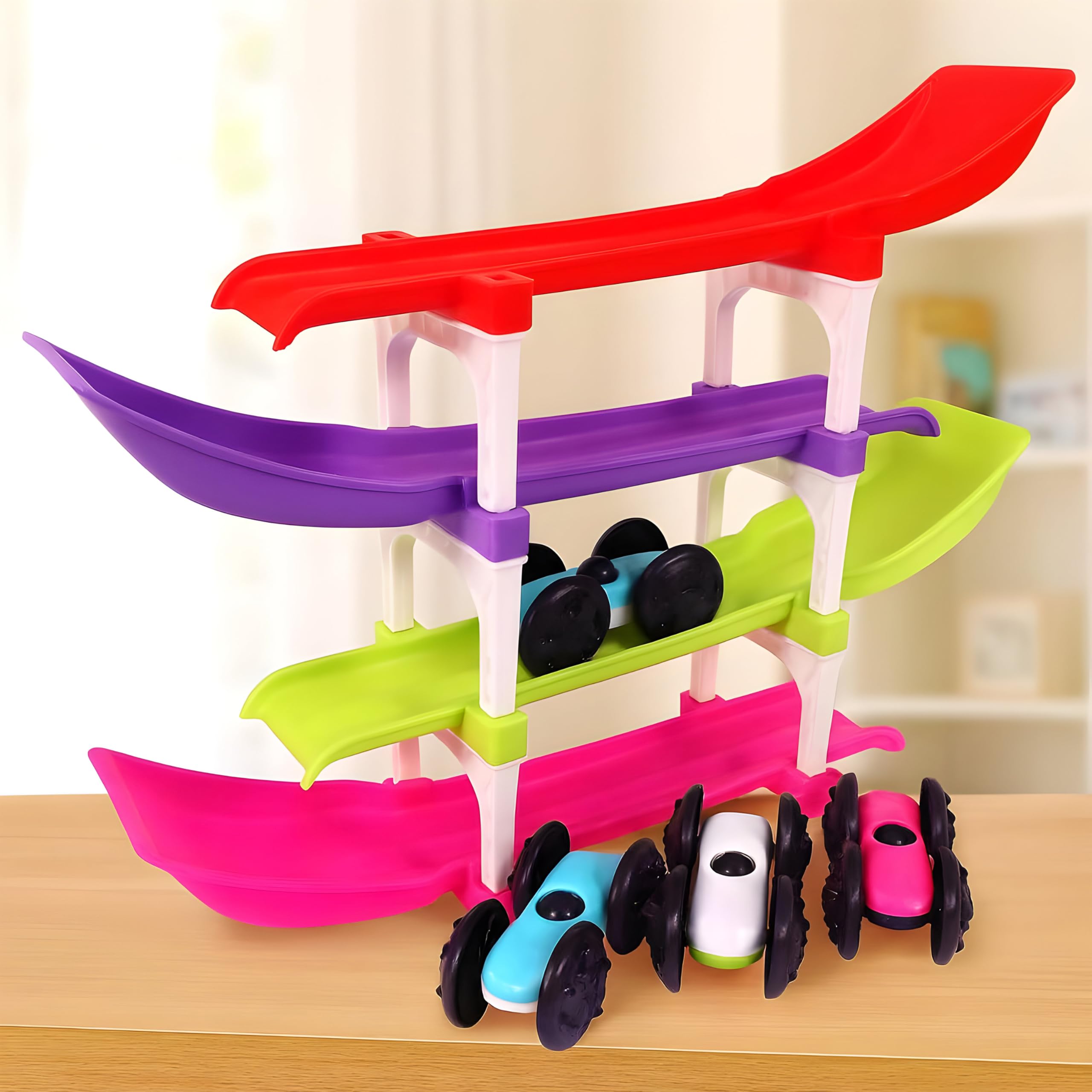 Toyshine Racer Ramp Toy With 4 Cars, 4 Ramps And Race Track For 1, 2, 3 Toddlers, Boys & Girls Educational Vehicle With Figures